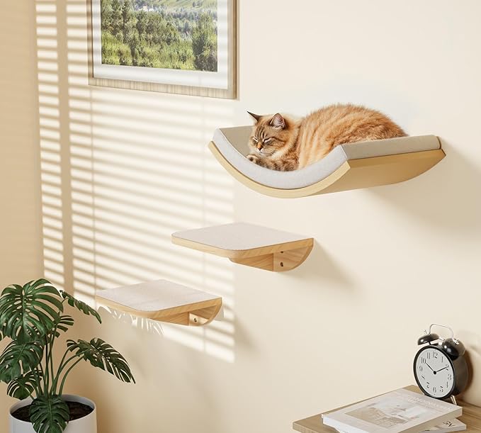 Cat Window Perches, Curved Cat Wall Beige Bed and 2 Floating Wall Steps, Wall Mounted Climbing Shelves for Sleeping, Playing, and Lounging