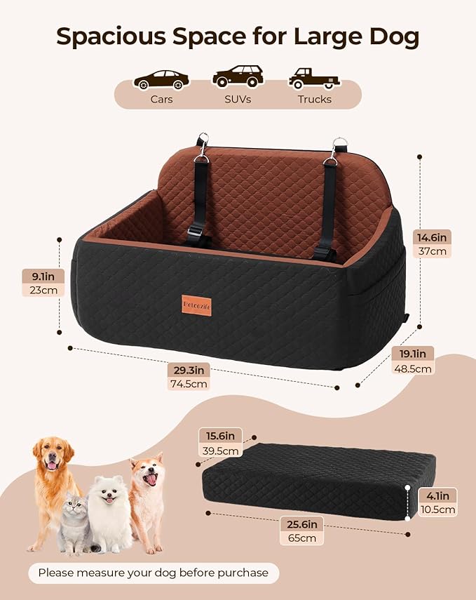 Dog Car Seat for Large Medium Dogs, Pet Car Seat Under 55 lbs or 2 Puppies, Removable Washable Pets Travel Booster Bed for Automotive Backseat with Comfy Thick Cushion, 2 Safety Leashes(Black/Brown)