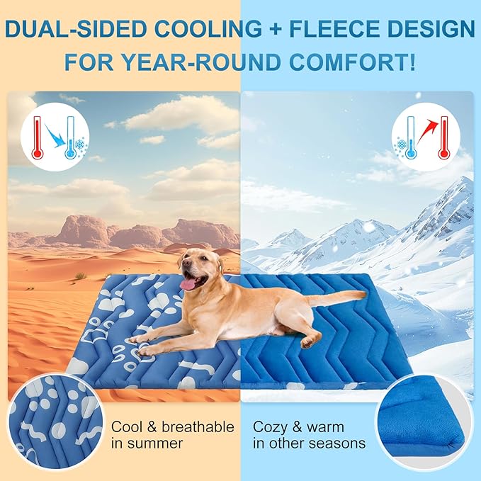 BEAUTYZOO Dog Cooling Mat- Upgraded Thicken Cooling Mat for Large Dogs Reversible(Cool & Warm) Pet Ice Cool Bed Washable & Portable, Summer Crate Pad for Big Dog Puppy Up to 100 lbs, Paw Blue 59X40IN