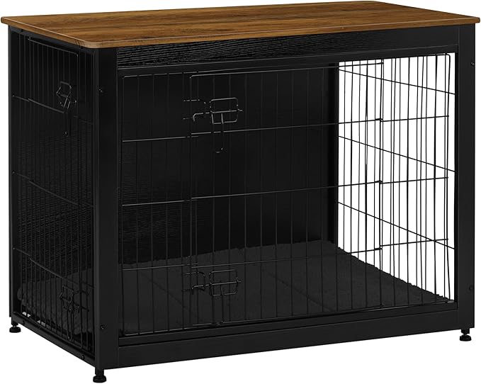 DWANTON Dog Crate Furniture with Cushion, Wooden Kennel Table with Double Doors, Indoor Dog House, Large Size, 38.5" L, Black+Warm Brown