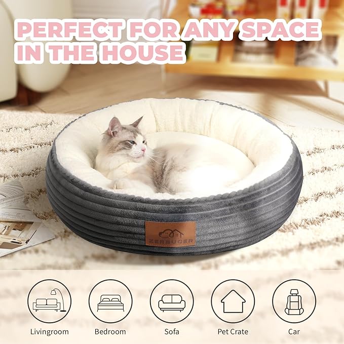 20in Washable Cat Beds for Indoor Cats - Round Donut Pet Bed for Cats, Small Dogs, Puppy, Kitten - Anti-Slip Bottom, Calming Bed Gift - Dark Grey