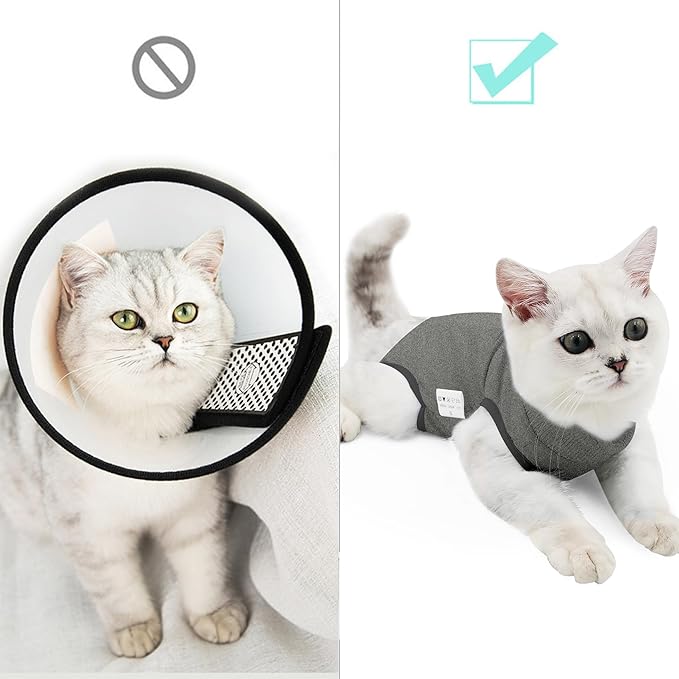 DOTON Cat Recovery Suit for Male and Female Surgical Post Surgery Soft Cone Onesie Shirt Clothes Neuter Licking Protective Diapers Outfit Cover Kitten Spay Collar(S, Grey)