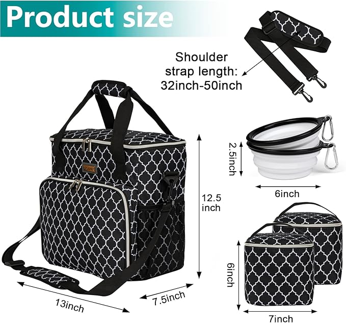 BAGLHER Dog Travel Bag, Pet Travel Bag (ALL Pet Travel Supplies), With 2 Pet Food Containers and 2 Collapsible Silicone Bowls; Essential Kits for Pet Travel DLblack
