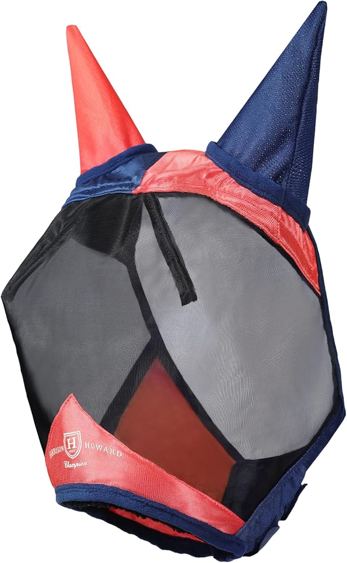 Harrison Howard Pro Luminous Horse Fly Mask Large Eye Space Half Face with Ears UV Protection for Horse Coral Orange/Navy XL