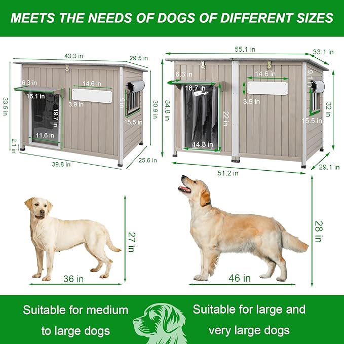 Dog House Outdoor Weatherproof & Wooden Dog Kennel with Chew-Proof Iron Frame，Removable Floor, Adjustable Vent Window, Easy Assembly for Large and Medium Dogs 43.3" D x 29.5" W x 33.5" H