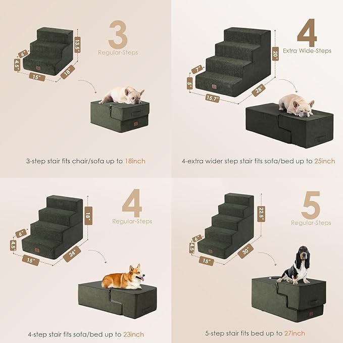 EHEYCIGA Dog Stairs for Bed 20" H, 4-Step Extra Wide Dog Steps for High Bed, Pet Steps for Small Dogs and Cats, Non-Slip Balanced Pet Ramp Indoor, Olive Green
