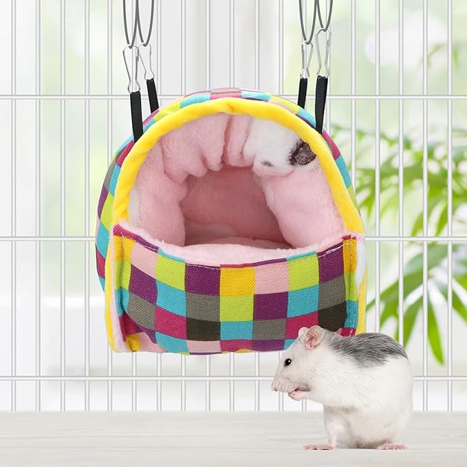 Wontee Hamster Bed Hideout Sugar Glider Hammock Small Animal Warm Bed House for Hamsters Hedgehogs Sugar Glider Gerbils Mice (Large, Colorful Plaid)