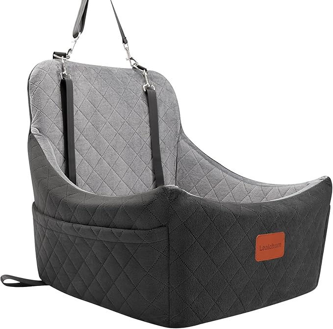 Dog Car Seat for Dogs Up to 35lbs,Fully Detachable and Washable,Memory Foam Covered Soft Fabric,Easy to Install with Adjustable Straps,Anti-Slip Bottom,Two Side Pockets(Black/Grey,Medium)