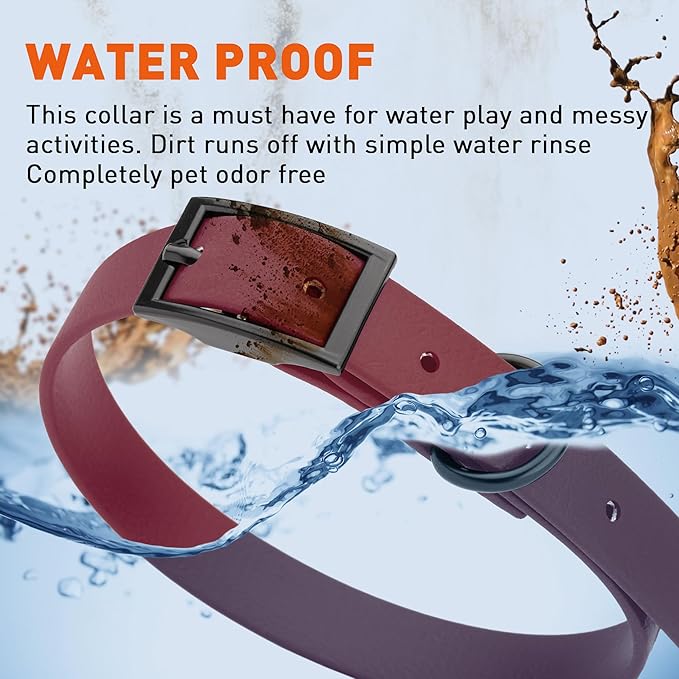 Dogline Biothane Waterproof Dog Collar Strong Coated Nylon Webbing with Black Hardware Odor- Proof for Easy Care Easy to Clean High Performance Fits Small Medium or Large Dogs, Merlot Burgundy