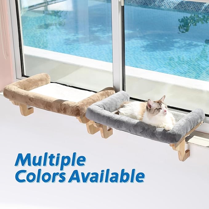 Cat Perch for Window Sill with Bolster - Orthopedic Hammock Design with Premium Hardwood & Robust Metal Frame - Cat Window Seat for Large Cats and Kittens - Natural Color Wood with Brown Bed