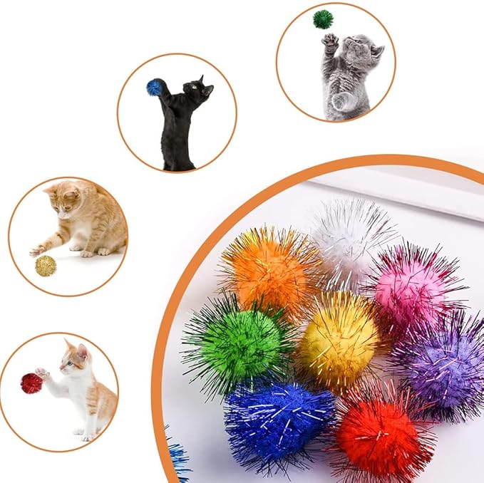 30Pcs 1.2inch/3cm Sparkle Balls for Cats - Interactive Toy Pom Pom Fuzzy Tinsel Cat Balls for Indoor Play (Mixed Colour)