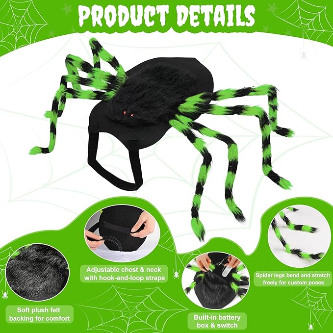 Dog Halloween Costume Large Breed, Furry Dog Spider Costume with 64 LED, Funny Halloween Dogs Costumes for Large Dogs Medium Pet Halloween Party Cosplay (Green)