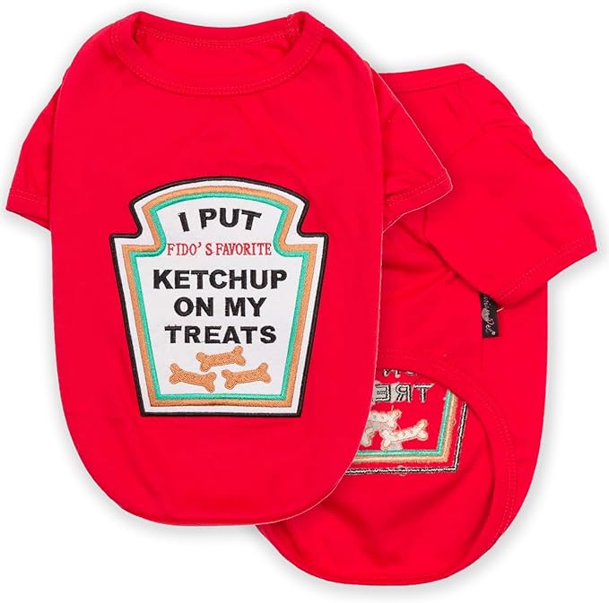 Parisian Pet Dog Shirt - Embroidered “I Put Ketchup on My Treats“ - 100% Cotton and Polyester Dog Clothes - Sleeved, Lightweight Costume for Dogs - Red Dog Shirts for Large Dogs - Pet Costumes 2XL