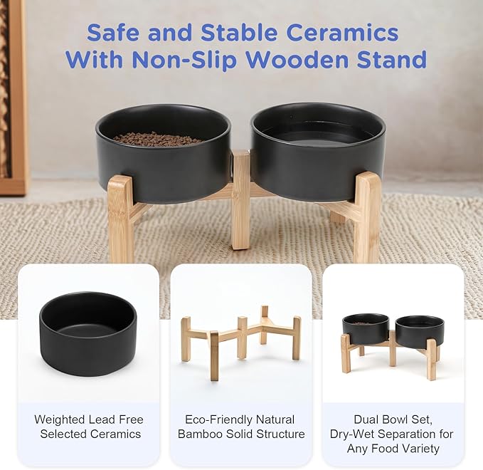SPUNKYJUNKY Elevated Dog Bowls Ceramic, 6.1'' Dogs and Cat Food Water Bowls Raised with Non-Slip Bamboo Stand for Medium Sized Breed Microwave Dishwasher Safe - 28.7 OZ,Black