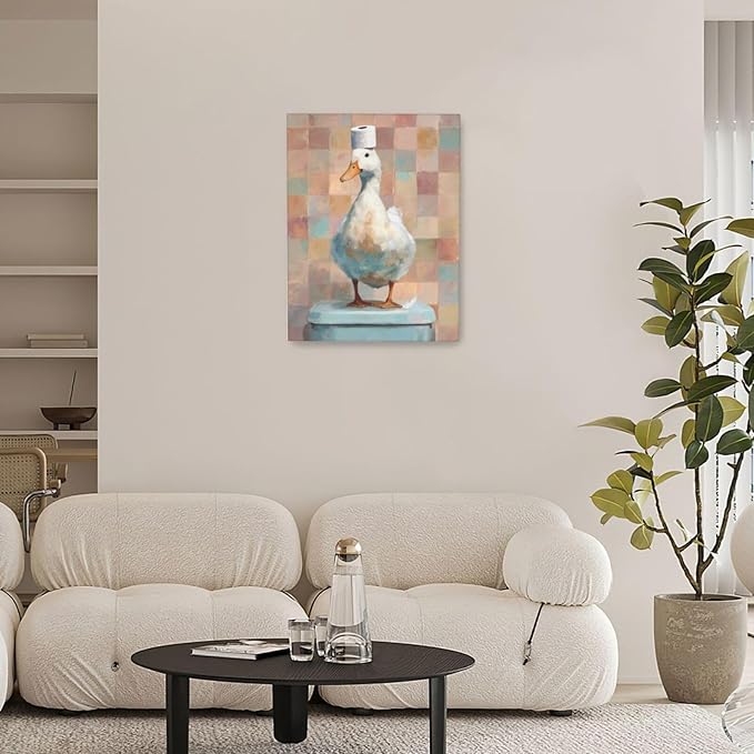 Funny Duck Bathroom Wall Art Cute Duck on Toilet Canvas Wall Decor Funny Quirky Farm Animal Pictures Painting Print Framed Artwork Decorations Gifts for Bathroom 12"x16"