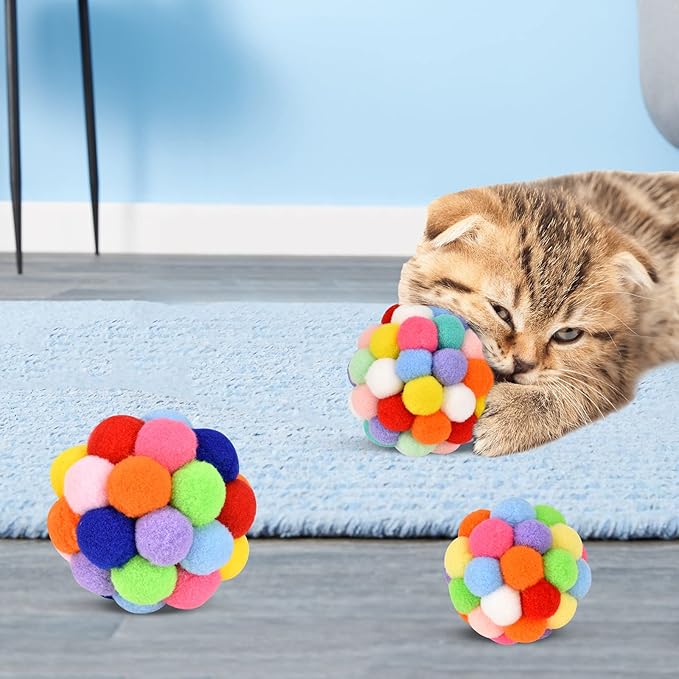TUSATIY Cat Toy Balls with Bell 3PCS, Colorful Soft Fuzzy Balls Built-in Bell for Cats, Interactive Playing Chewing Toys for Indoor Cats and Kittens