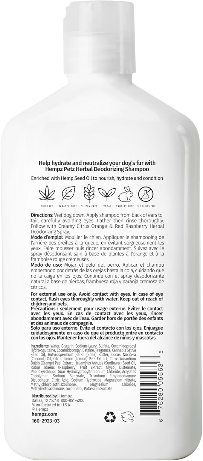 Hempz Petz Dog Shampoo, Creamy Citrus Orange & Red Raspberry Herbal Deodorizing Cleanser, 17 oz.