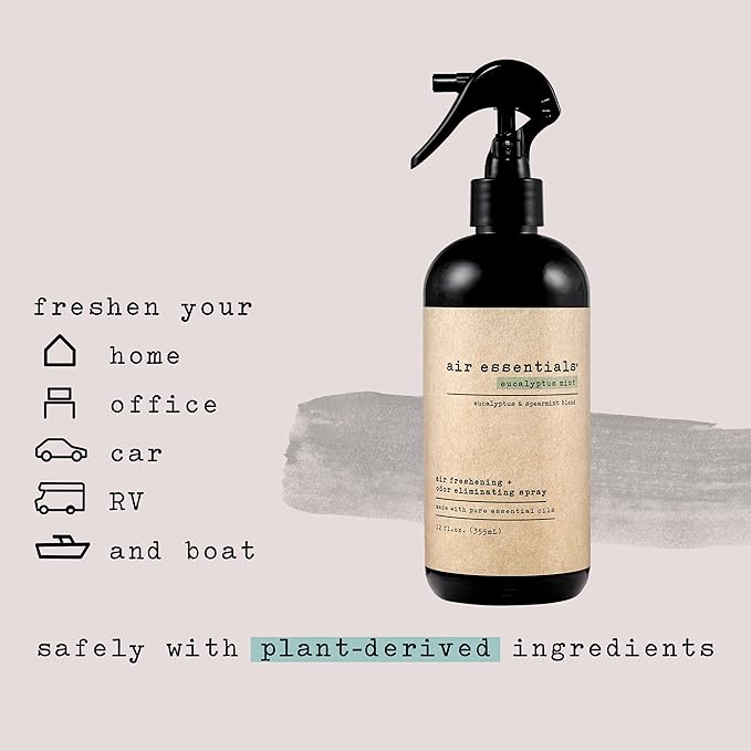 Air Essentials Air Freshener & Odor Eliminator Spray - 12 oz, Pack of 2 - Made with Pure Essential Oils - Eucalyptus Mint Scent
