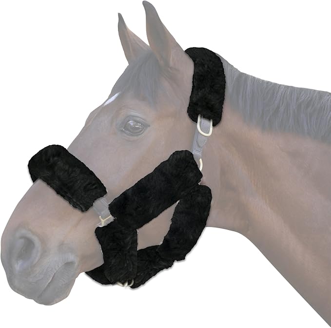 ECP Equine Comfort Products Merino Sheepskin Halter Fleece Set for Horses, 100% Natural Wool, Chafe Protection, Breathable Relief & Cushioned Comfort, Machine Washable, 9-Piece Set, Black