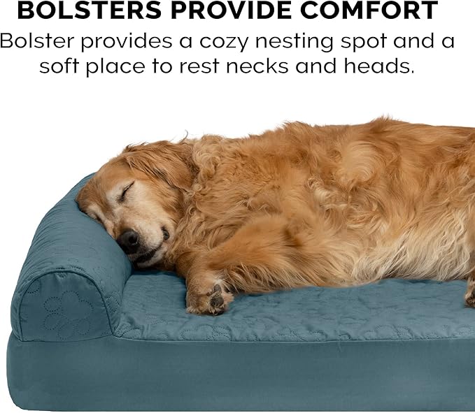 Furhaven Cooling Gel Dog Bed for Medium/Small Dogs w/ Removable Bolsters & Washable Cover, For Dogs Up to 35 lbs - Pinsonic Quilted Paw L Shaped Chaise - Bluestone, Medium
