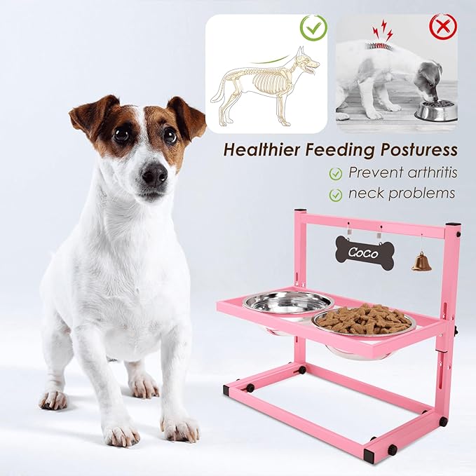 SHAINFUN Elevated Bowls for Small and Medium Dogs, Raised Stand With 2 Stainless Steel Food & Water Bowls, Adjustable Height Feeder for Puppy & Cats, Cute Pink