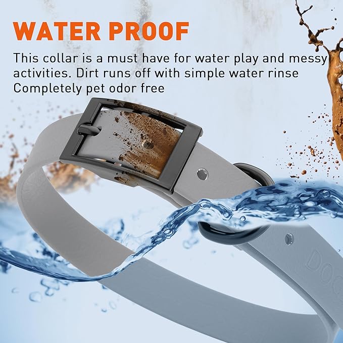 Dogline Biothane Waterproof Dog Collar Strong Coated Nylon Webbing with Black Hardware Odor- Proof for Easy Care Easy to Clean High Performance Fits Small Medium or Large Dogs, Battleship Gray