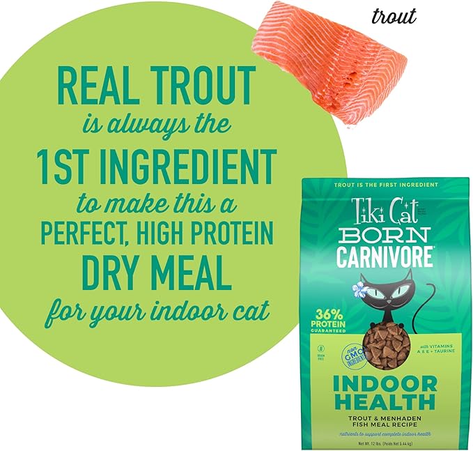Tiki Cat Born Carnivore Indoor Health Dry Cat Food, Trout & Menhaden Fish Meal, 12 lbs. Bag