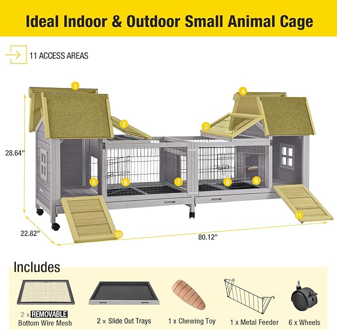 Aivituvin Rabbit Hutch Bunny Cage with Double House and Run Indoor Outdoor Guinea Pig House with Deeper No Leak Trays and Wheels