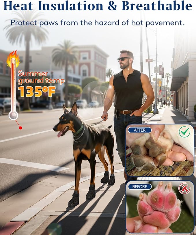 Dog Shoes for Hot Pavement, Breathable Dog Boots Paw Protectors with Adjustable Straps & Non-Slip Sole, Easy On & Off, Waterproof, Easy-Cleaning (Black, L)