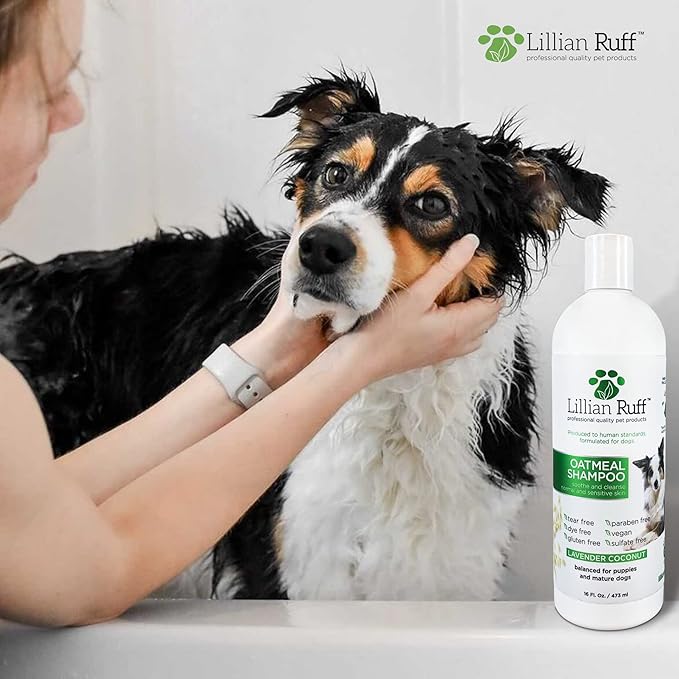 Lillian Ruff Calming Oatmeal Pet Shampoo for Dry Skin & Itch Relief with Aloe & Hydrating Essential Oils - Replenish Moisture & Deodorize - Tearless Dog Shampoo for Normal/Sensitive Skin (16oz)