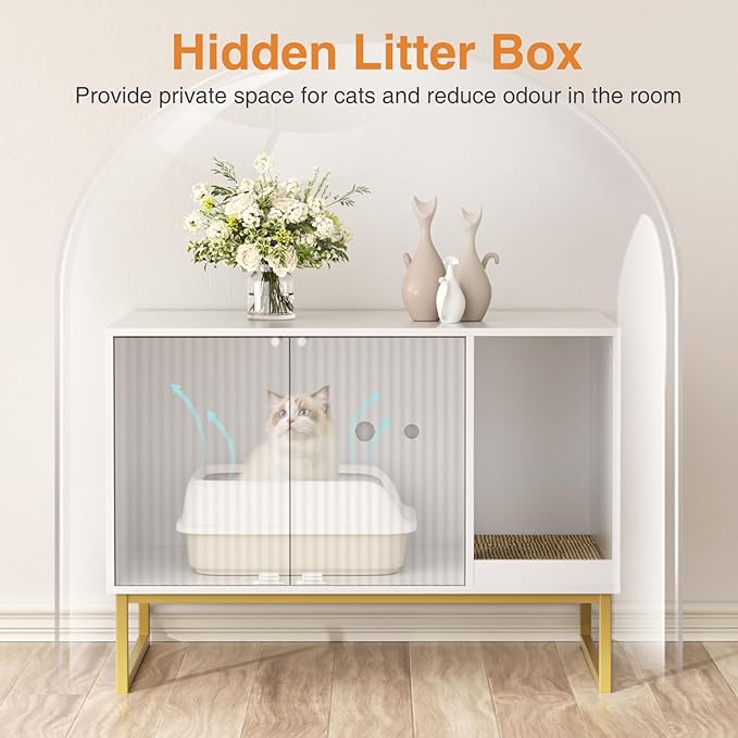 Cat Litter Box Enclosure, Fluted Hidden Litter Box Furniture with Scratch Pad and Metal Legs, Modern Enclosed Cat Cabinet, 31.5 x 17.7 x 21.7 Inches Indoor Pet House for Living Room, Washroom, White