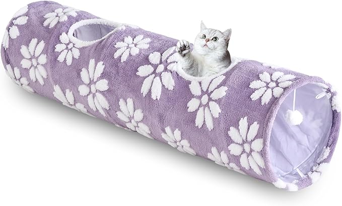 Straight Cat Tunnel for Indoor Cats 47"x12", Cute Cat Toys Collapsible Tunnel Tube with Balls for Puppy Kitten Rabbit, Purple Flower