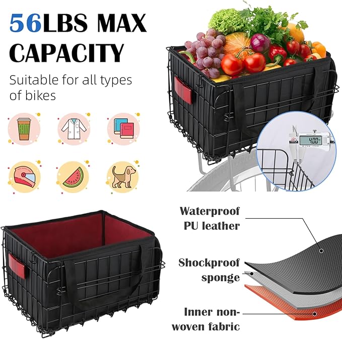 Bike Basket Rear, Folding Bicycle Basket with Removable Waterproof Liner Bag, Rear Bike Cargo Rack, Bike Accessories Frame Basket for Adult Women Men Carrying Dogs,Pet,Grocery,Quick Release Design