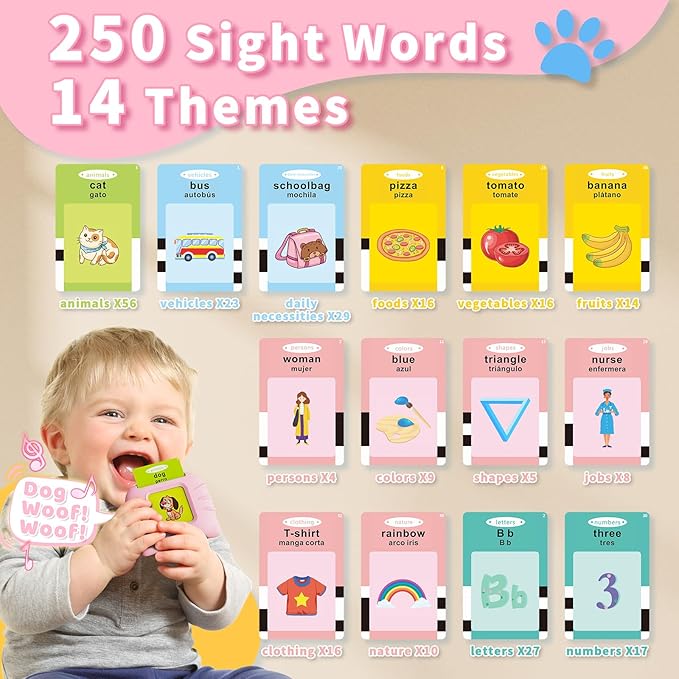 Toddler Toys Bilingual English and Spanish Talking Flash Cards for 1 2 3 4 5 6 Year Old Boys and Girls, Autism Sensory Toys for Autistic Children, Learning Educational Speech 250 Sight Words