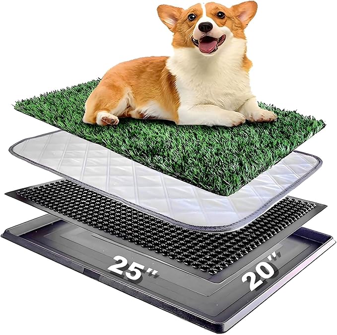 Dog Grass Pad with Tray 25"X20" - Portable Dog Litter Box for Balcony/Patio, Indoor/Outdoor Artificial Turf Pet Potty for Puppy Training, with Washable Pee Pad and Fake Grass Mat