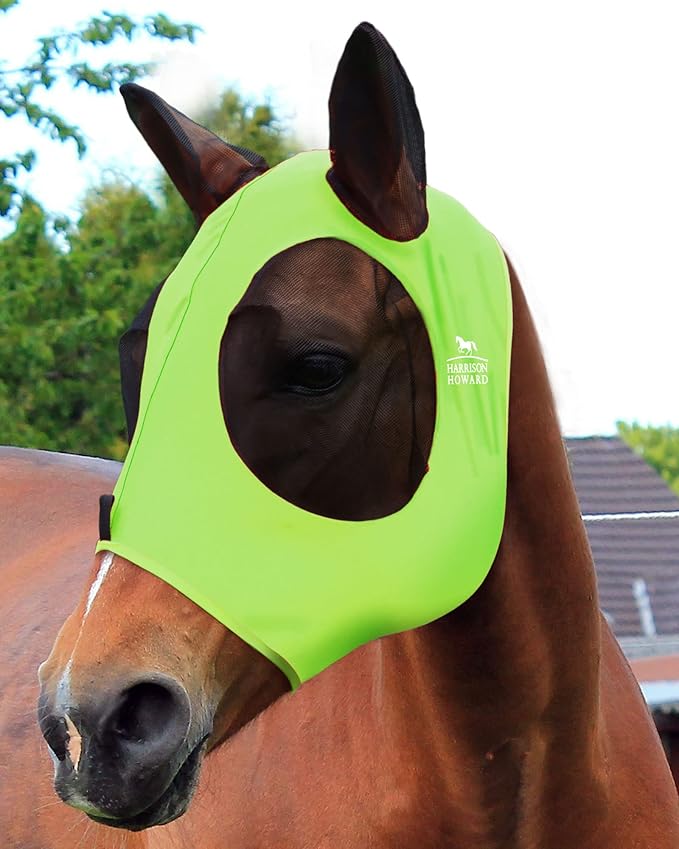 Harrison Howard Super Comfort Stretchy Fly Mask Large Eye Space with UV Protection Soft on Skin with Breathability Fluro Lime M Cob