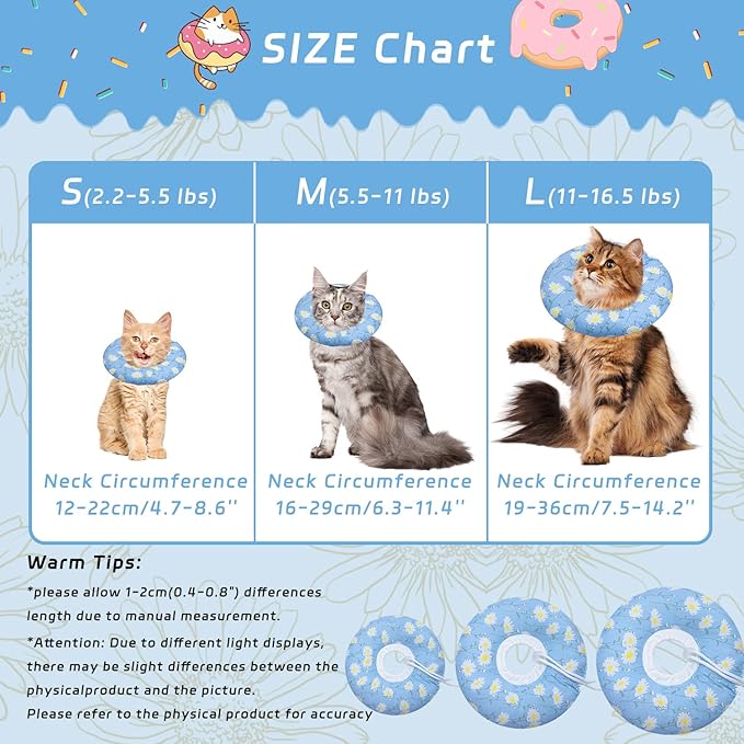 Cat Cone Collar Soft, Adjustable Cat Recovery Collars Kitten Cones to Stop Licking, Cute Donut E Collar After Surgery, Wound Healing Elizabethan Collar for Kitten(Blue Daisy, Large)