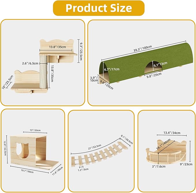 Cat Wall Shelves, Cat Wall Furniture Pine Wooden Feline Shelf, 18 Piece Feline Shelves and Perches with Condos, House, Steps, Bridge Ladder, Scratching Post and Tunnel