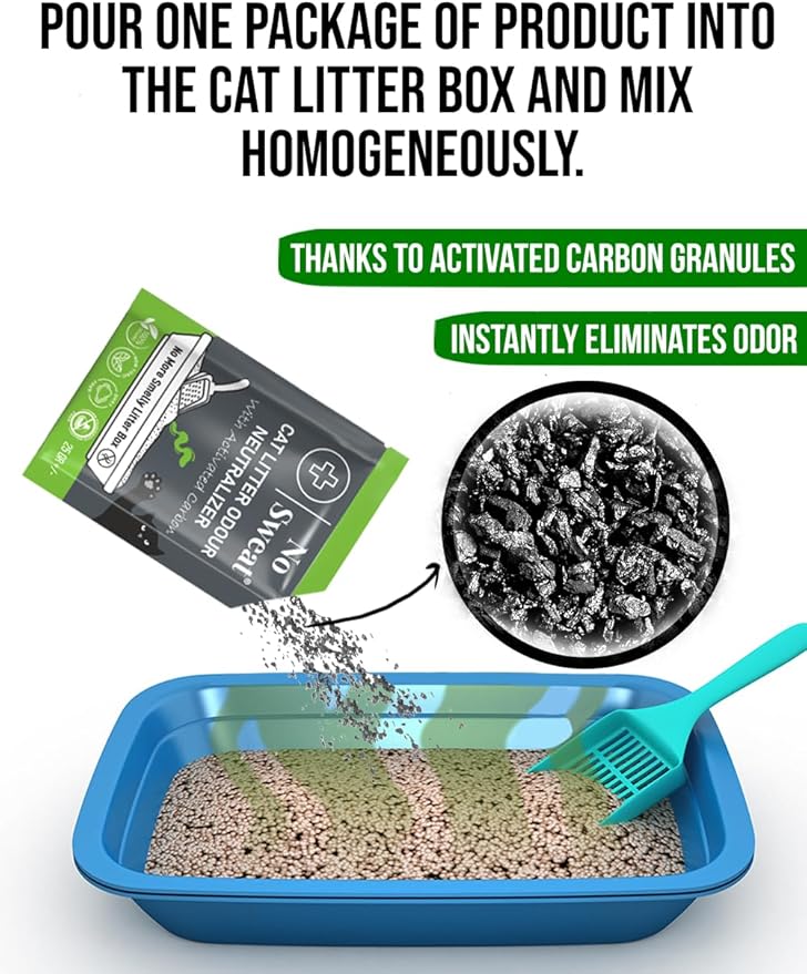 No Sweat Activated Carbon Cat Litter Odour Neutralizer- Made Of Coconut Shell -All Natural - None Chemical,Toxic Ingredients- Non-Scented-Planet Friendly-Disposable 10 Packs in One Box 250 GR