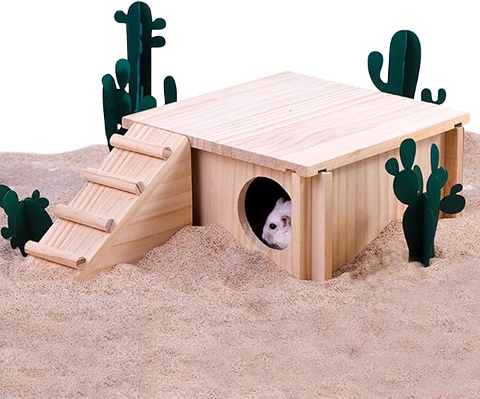 Fhiny Wooden Hamster Hideout for Small Animal, Gerbils Chamber Hut with Ladder Habitats Decor, Maze Climbing Toys for Dwarf Syrian Hamsters Mice and Other Small Pets