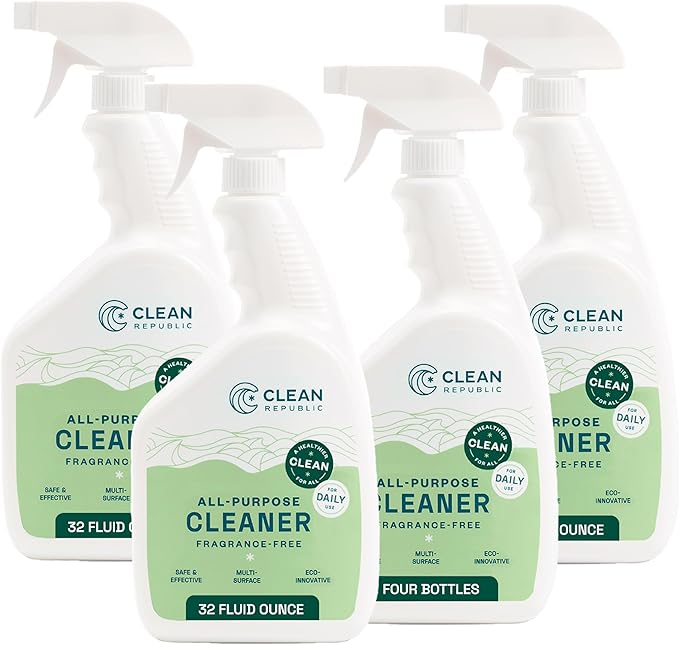 Clean Republic All-Purpose Cleaner, Daily Use Cleaning Spray for Kitchens, Bathrooms, and More, 32 Fluid Ounce Bottle, 4-Pack