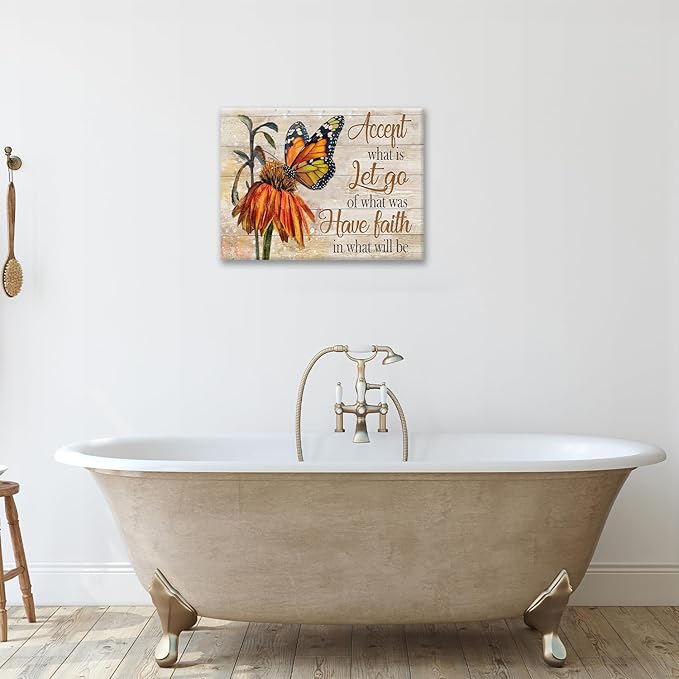 Farmhouse Butterfly Bathroom Pictures Wall Art, Rustic Floral Country Bathroom Wall Decor, Daisy Inspirational Framed Painting Canvas Artwork for Bedroom Living Room Decorations 20"L x 16"W