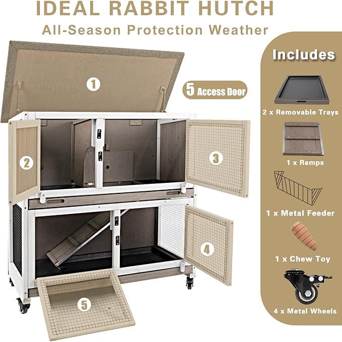 36" L Rabbit Hutch Indoor with 4 Metal Wheels, 2-Story Wooden Bunny Hutch Outdoor Bunny Cage, 2 Deeper Pull-Out Trays, Ramp, Rabbit Cage Guinea Pig Pet House for Small Animals