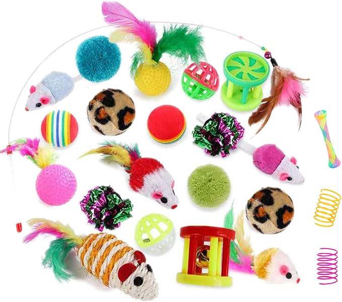 32Pcs Cat Toys Kitten Interactive Pet Toys Assortments, Foldable Rainbow Tunnel, Cat Feather Teaser Wand Interactive Feather Toy Fluffy Mouse Crinkle Balls Bell Play for Cat Puppy Kitty Kitten(2 way)