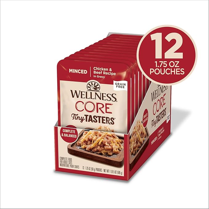 Wellness CORE Tiny Tasters Minced Adult Wet Cat Food, Natural, Protein-Rich, Grain Free, 1.75-Ounce Pouch, 12 Pack, (Chicken & Beef)