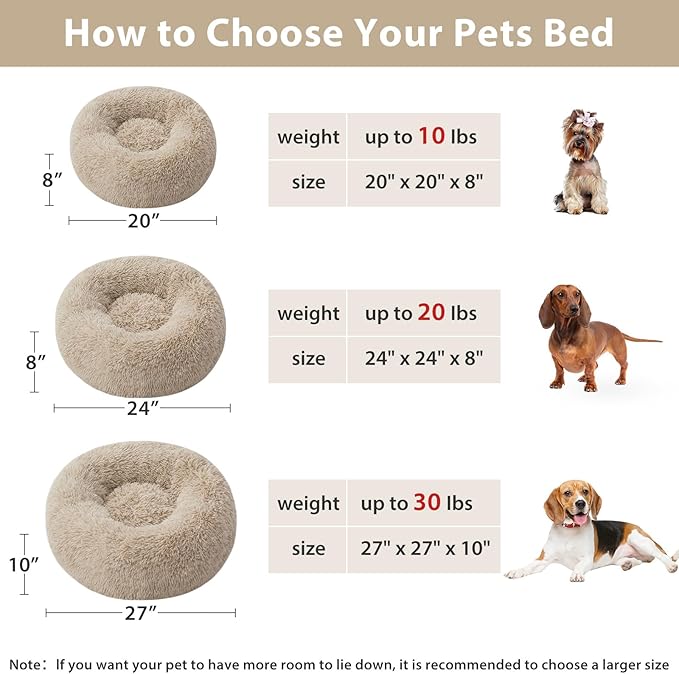 WNPETHOME Calming Dog Bed & Cat Bed, Anti-Anxiety Donut Small Dog Beds, Fluffy Faux Fur Cat Cushion Dogs Bed for Small Dogs and Pet (24 x 24 Inch, Brown)