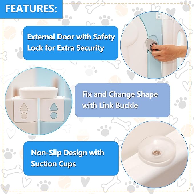 Foldable Dog Play Pen Indoors, Non-Slip Sturdy Puppy Playpen with Door, 25.5" H 12-Panel Adjustable Shape Dog Fence Pen for Small/Medium Dogs, Thickened, Easy to Store, White+Blue