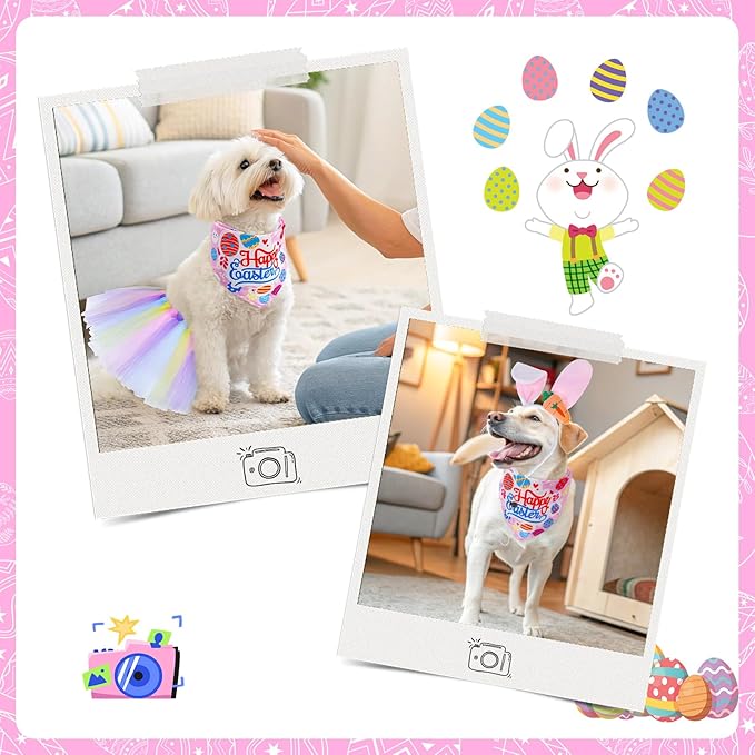 SCENEREAL Easter Dog Bandana Outfit with Cute Bunny Ears Headband and Tutu Dress, Puppy Holiday Costume Accessory, Pink Eggs Rabbit Prints Scarf Pet Birthday Party Supplies for Small Medium Dogs Cats