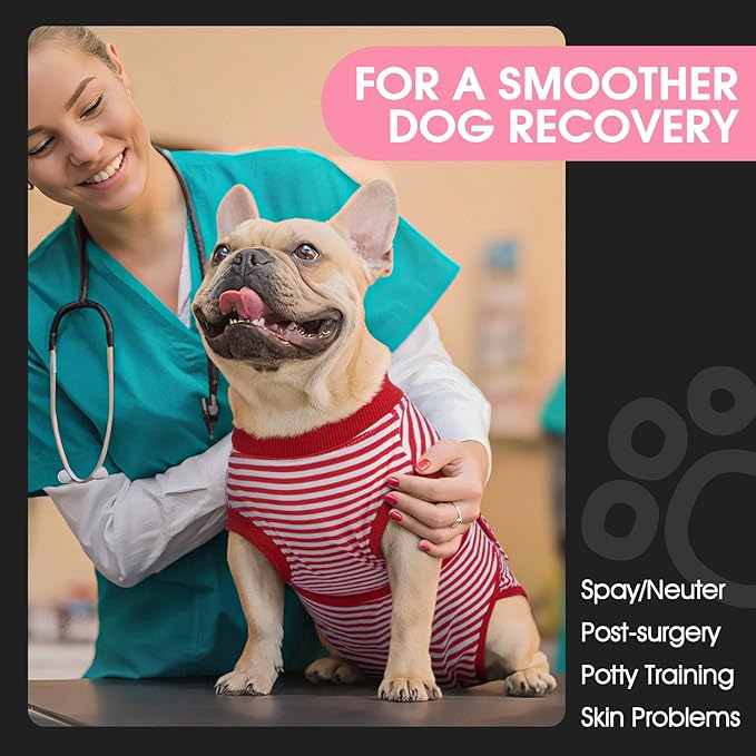 FUAMEY Dog Recovery Suit Male,Dogs Surgery Neuter Suits Puppy Spay Shirts for Female Protect Dog's Skin Anti Licking Abdominal Wounds Doggie Onesie Pet Bodysuit Alternative to Cone Red Stripes S