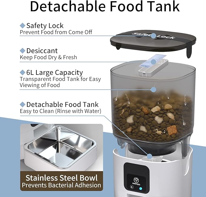 PAPIFEED Smart Automatic Cat Feeders: WiFi Pet Feeder with APP Control for Remote Feeding, Detachable for Easy Clean, Automatic Cat Food Dispenser with Alexa,1-10 Meals Per Day for Dog (6L/25Cup)